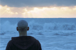 Description: [view of a man's back as he stares at crashing waves]