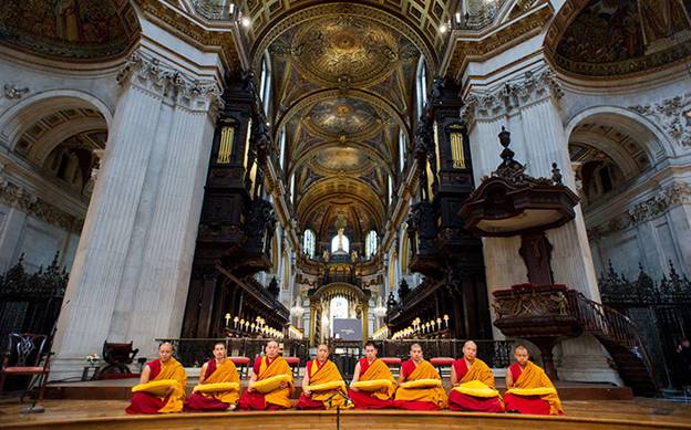 Description: Dalai Lama visits UK: Monks chant ahead of the arrival of The Dalai Lama at St Paul's Cathedral