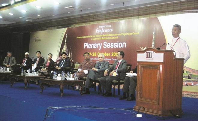 Deputy Minister Dr Tin Shwe delivers an address at International Buddhist cultural conference in Bangladesh. Photo: MNA