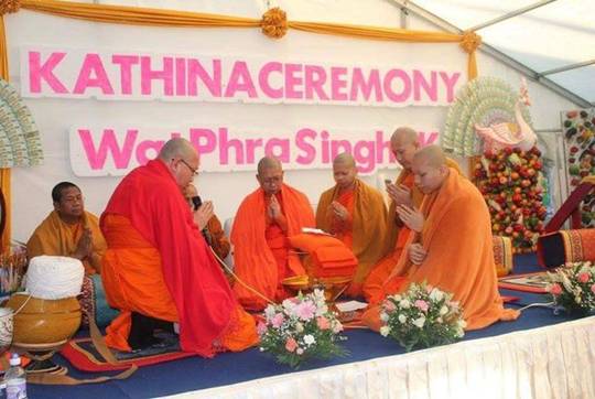 Monks take part in a Kathina blessing and service at Wat Phra Singh in Runcorn in what could have been the first of its kind in the UK.