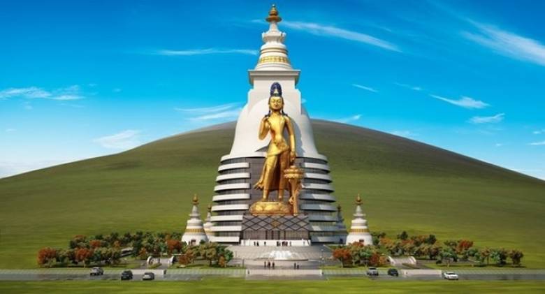 Artist's impression of the planned statue and stupa. From grandmaitreya.com