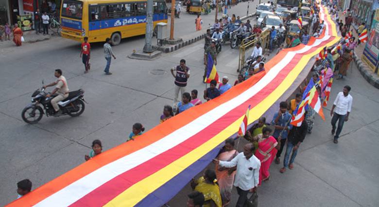 A massive rally with a flag organised under the banner of the Buddhist Society of India in Tirupati on Friday