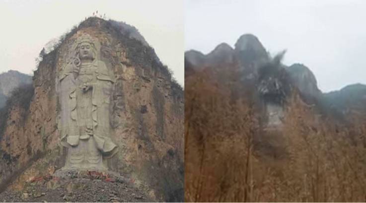 Screenshot of Buddha before and after demolition from Bitter Winter video. 